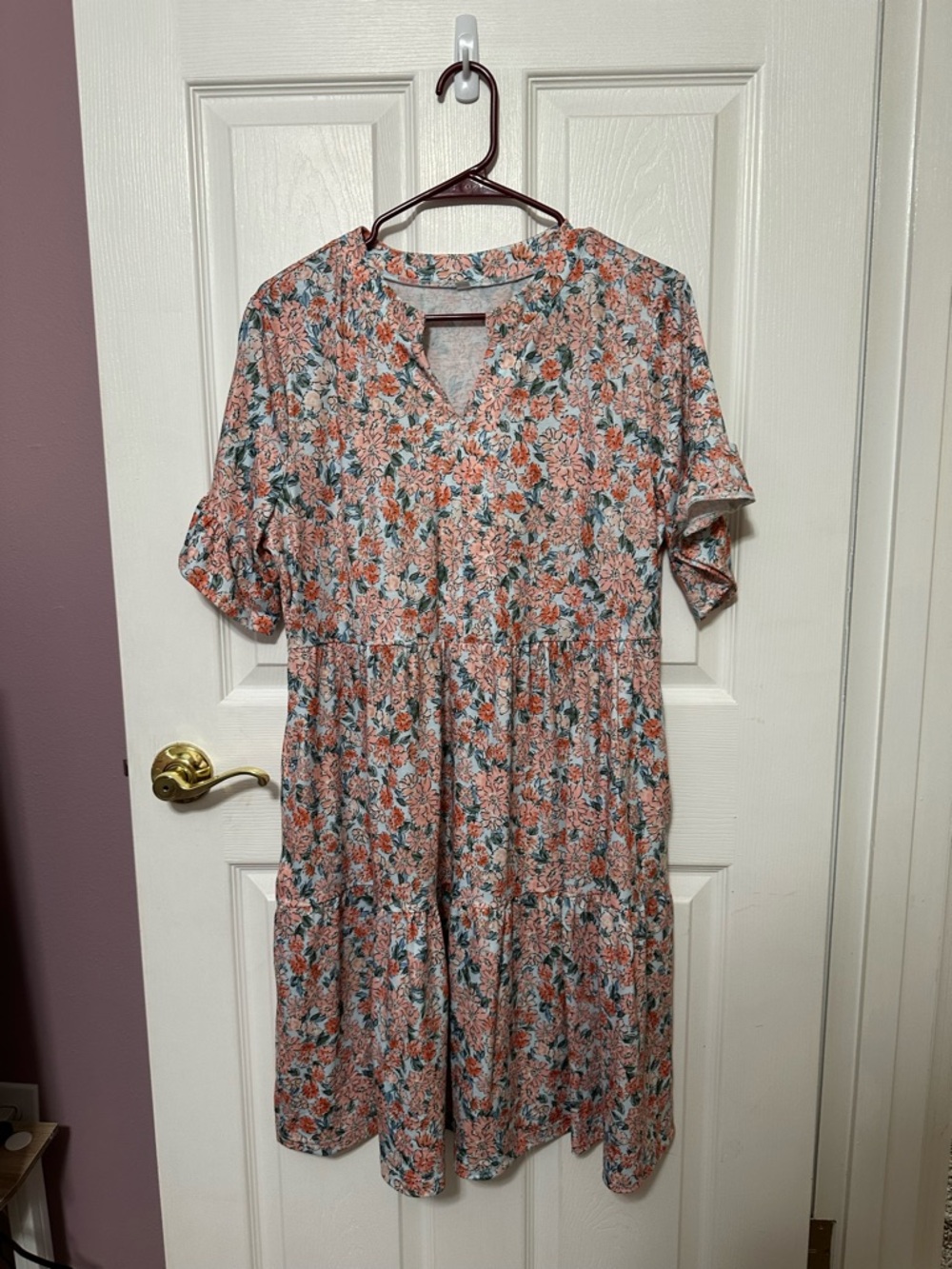 Floral Tiered Midi Dress Large in Peach and Green